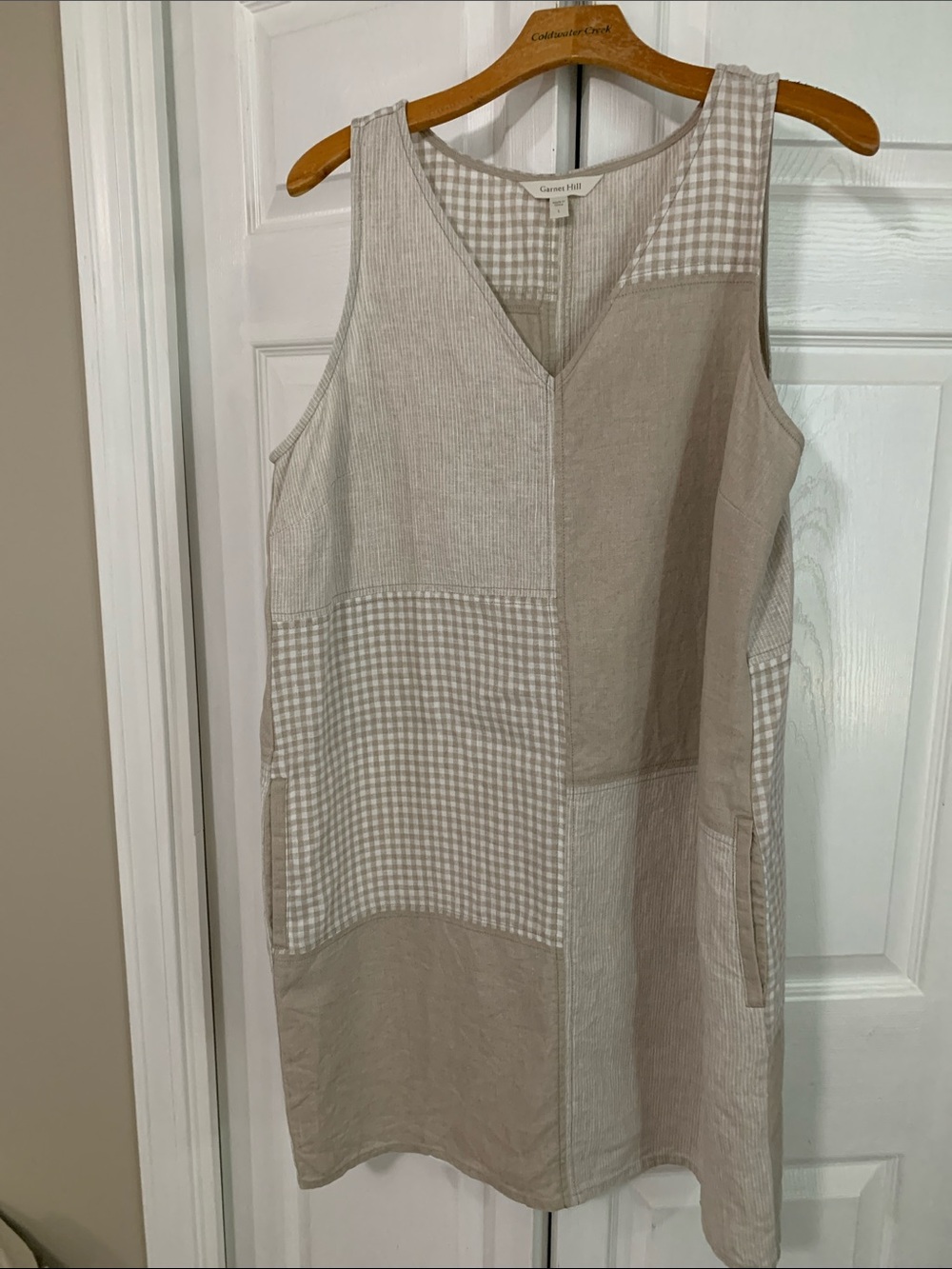 Garnet Hill Patchwork Linen Shift Dress in Neutral Beige and Cream